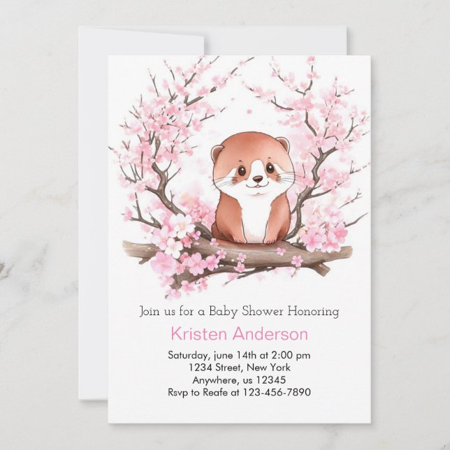 Pink Floral Otter's Joyful Haven Girl Baby Shower Invitation (Front)