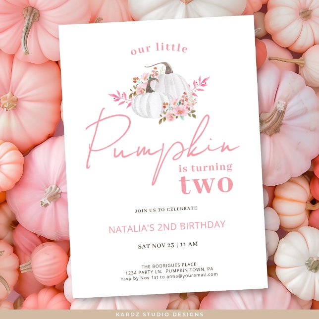 Pink Floral Our Little Pumpkin 2nd Birthday Invitation (Invite shown in 5 x 7 inches, choose size, paper, and corner style.)
