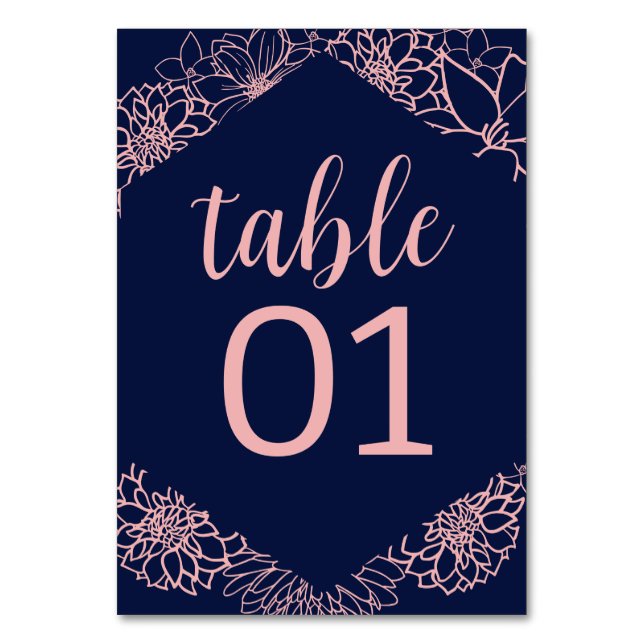 Pink Floral Outline Wedding Table Number (Front)