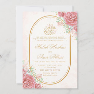 Pink Floral Oval Frame Gold slamic Muslim wedding Invitation