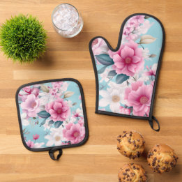 Pink Floral Oven Mitt & Pot Holder Set