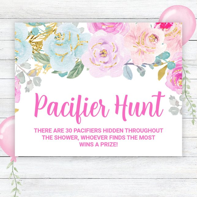Pink Floral Pacifier Hunt Baby Shower Game Sign (Creator Uploaded)