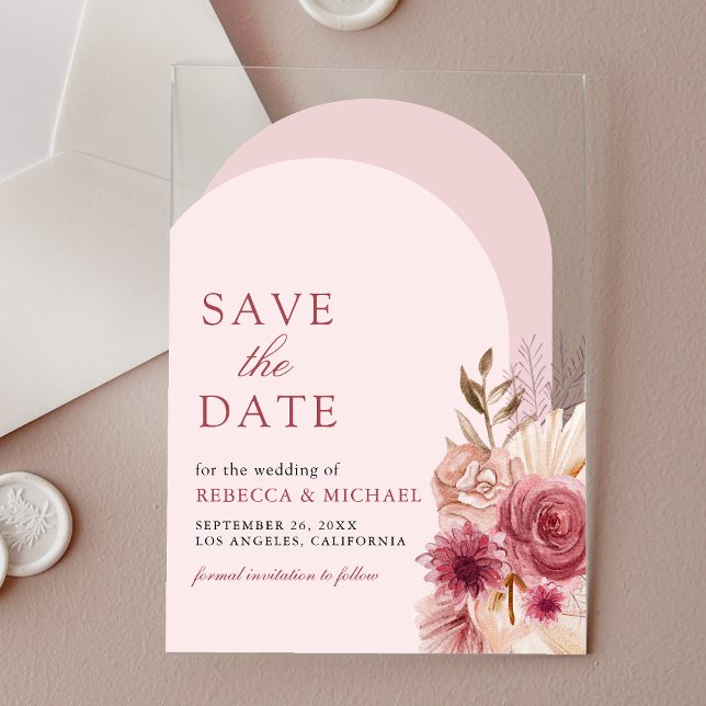 Pink Floral Pampas Arch Wedding Save the Date Acrylic Invitations (Creator Uploaded)