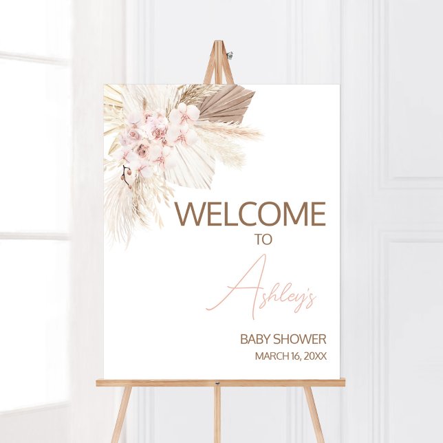 Pink Floral Pampas Boho Baby Shower Welcome Poster (Girl Pampas Grass Baby Shower Welcome Sign)