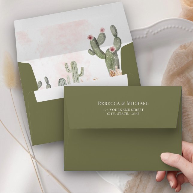 Pink Floral Pampas Cactus Green Wedding Envelope (Creator Uploaded)