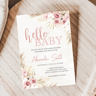 Pink Floral Pampas Grass Baby Shower  Invitation