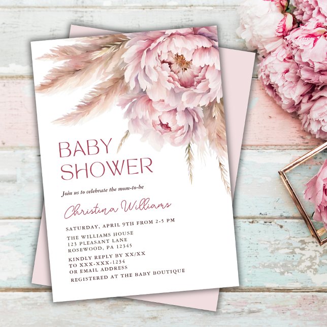 Pink Floral Pampas Grass Baby Shower Invitation (Creator Uploaded)