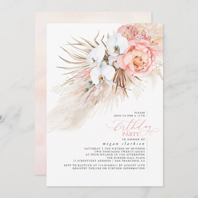 Pink Floral Pampas Grass Birthday Party Invitation (Front/Back)