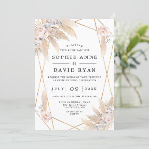 Pink Floral Pampas Grass Gold All In One Wedding Invitation