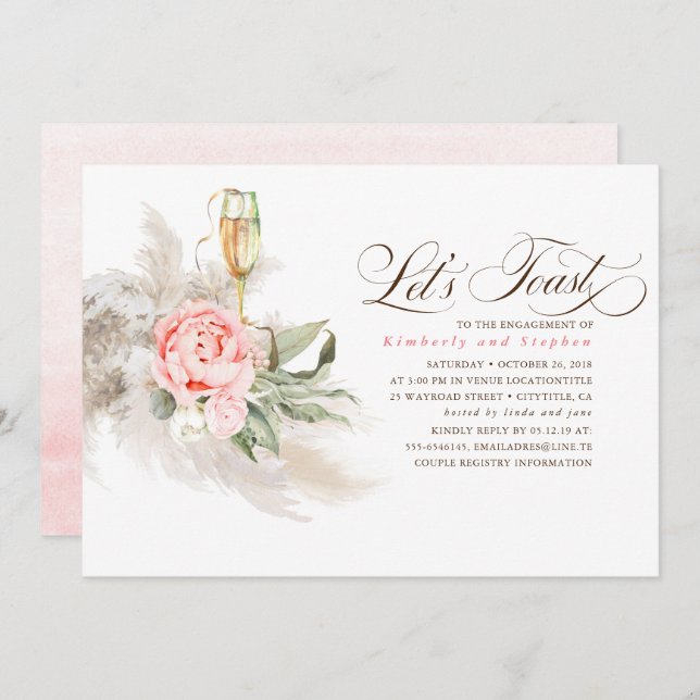 Pink Floral Pampas Grass Greenery Engagement Party Invitation (Front/Back)