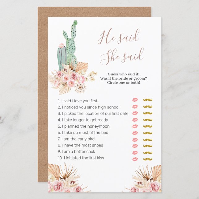 Pink Floral Pampas Grass He said She said Games (Front/Back)