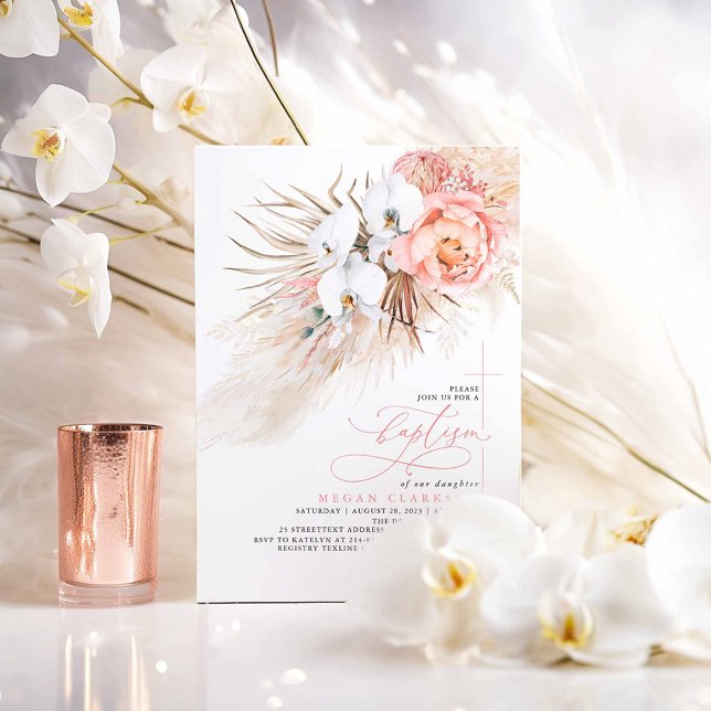 Pink Floral Pampas Grass Modern Baptism Invitation (White Orchids Pink Flowers and Pampas Grass Boho Baptism Invitations)