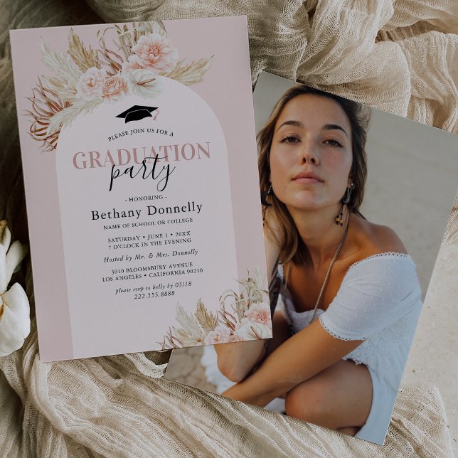 Pink Floral Pampas Grass Photo Graduation Invitation (Creator Uploaded)