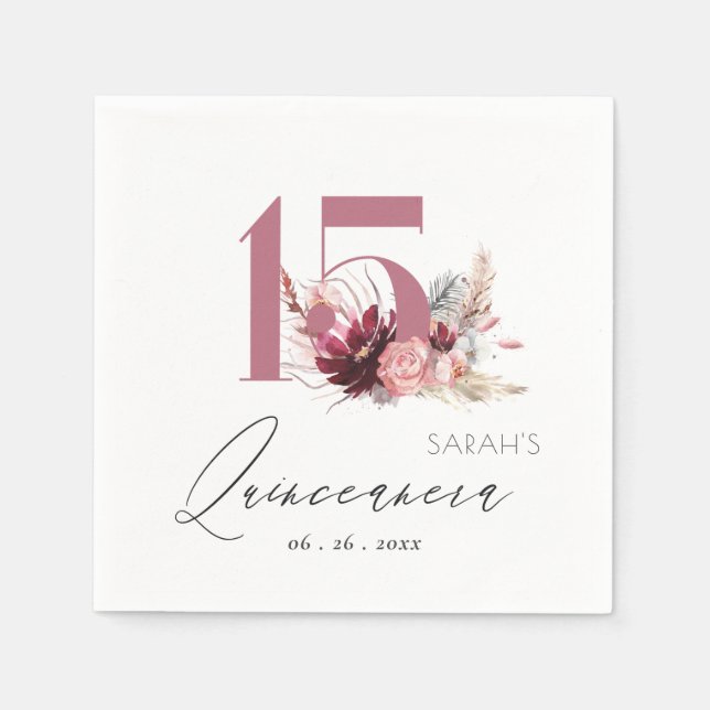Pink Floral Pampas Grass Quinceanera 15th Birthday Napkin (Front)