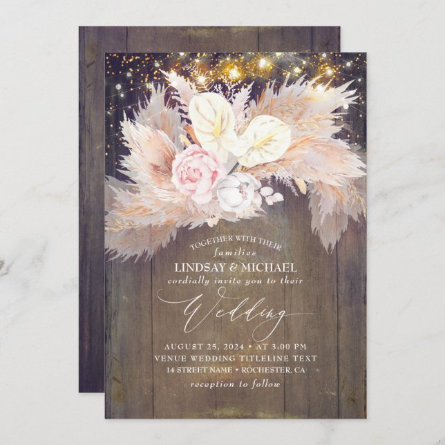 Pink Floral Pampas Grass Rustic Wood Wedding Invitation (Front/Back)