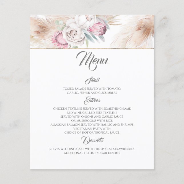 Pink Floral Pampas Grass Wedding Menu (Front)