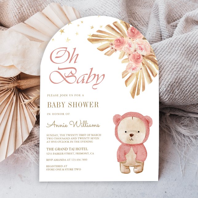Pink Floral Pampas Teddy Bear Arch Baby Shower Invitation (Creator Uploaded)