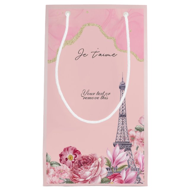 Pink floral Paris Je T'aime  Eiffel Tower  Small Gift Bag (Front)