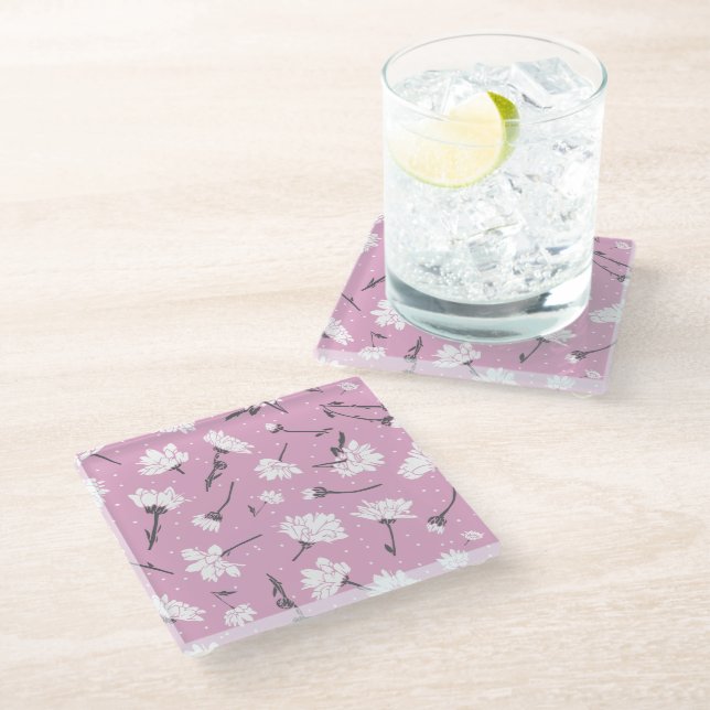 Pink Floral Pattern Design - Elegant Flower Art Glass Coaster (Angled)