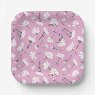 Pink Floral Pattern Design - Elegant Flower Art Paper Plate