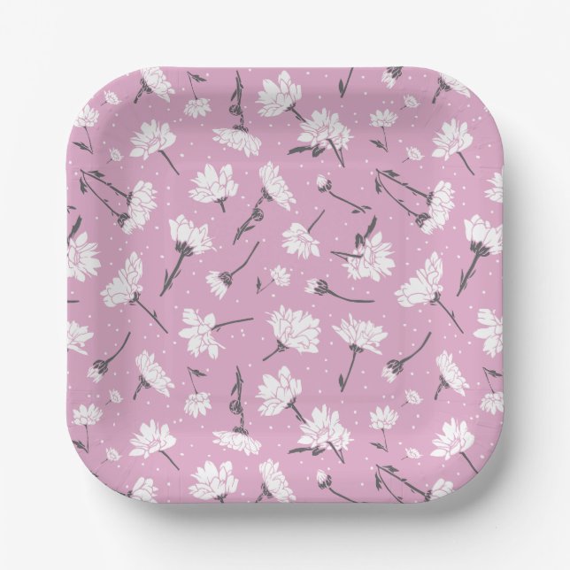 Pink Floral Pattern Design - Elegant Flower Art Paper Plate (Front)