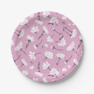 Pink Floral Pattern Design - Elegant Flower Art Paper Plate