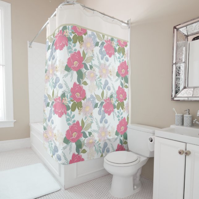 Pink Floral Pattern Elegant Shower Curtain (In Situ)