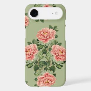 Pink Floral Pattern on Green Background   Seamless