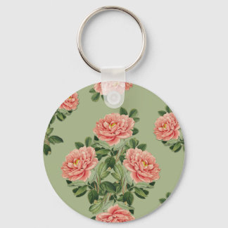 Pink Floral Pattern on Green Background | Seamless Key Ring