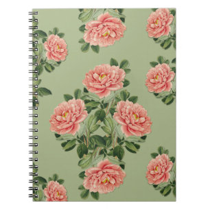 Pink Floral Pattern on Green Background Seamless Notebook