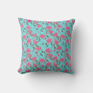 Pink Floral Pattern on Teal Throw Pillow