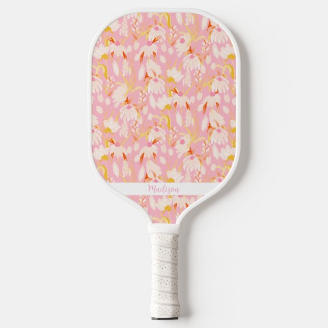 Pink Floral Pattern Personalised Name Cute Pickleball Paddle (Front)