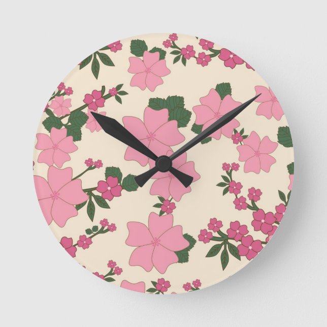 Pink Floral Pattern Round Clock (Front)
