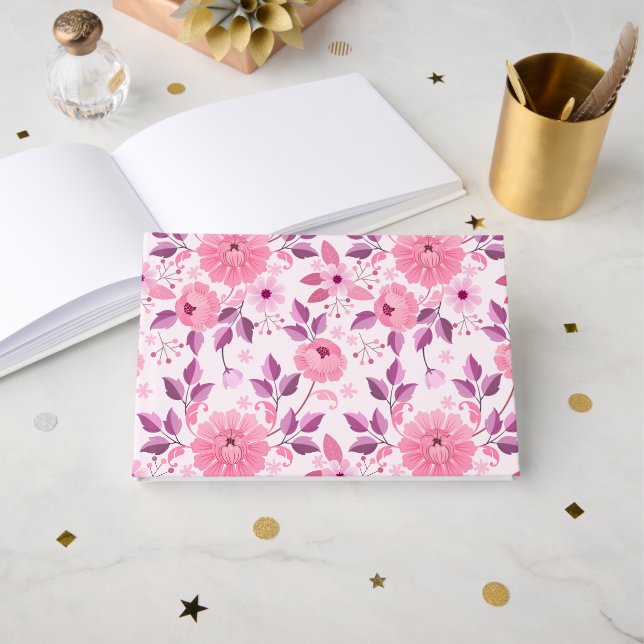 Pink Floral Pattern  with Elegant Blossoms Guest Book (Front Open)