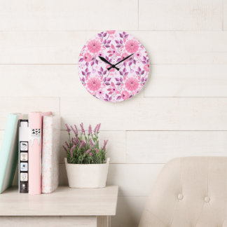 Pink Floral Pattern with Elegant Blossoms Large Clock