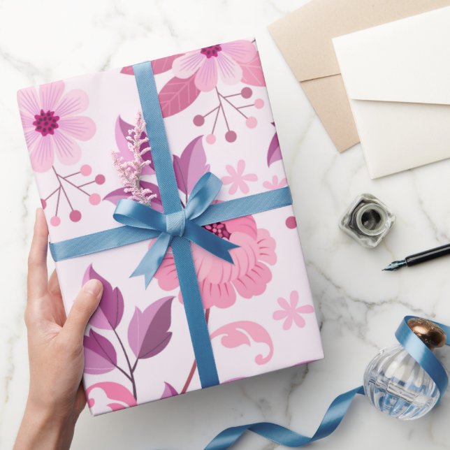 Pink Floral Pattern with Elegant Blossoms Wrapping Paper (Gifting)