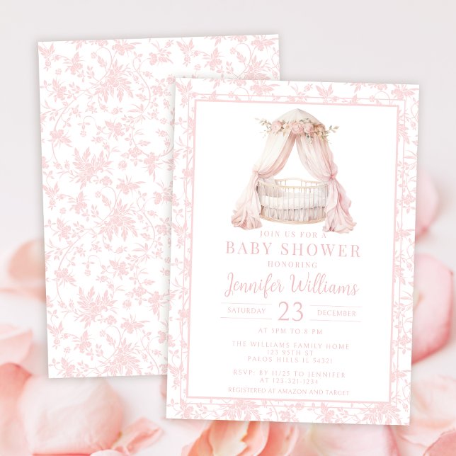 Pink floral pattern with girl crib baby shower invitation (Creator Uploaded)