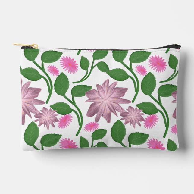 Pink floral pattern with green leaves  accessory pouch (Front)