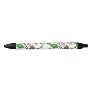 Pink floral pattern with green leaves black ink pen