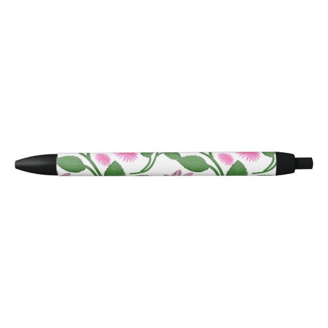 Pink floral pattern with green leaves  black ink pen (Front)