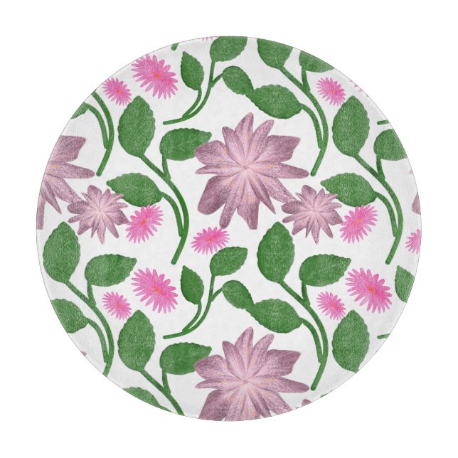 Pink floral pattern with green leaves  cutting board (Front)