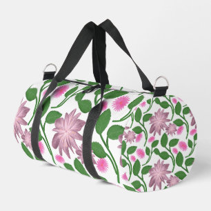 Pink floral pattern with green leaves duffle bag