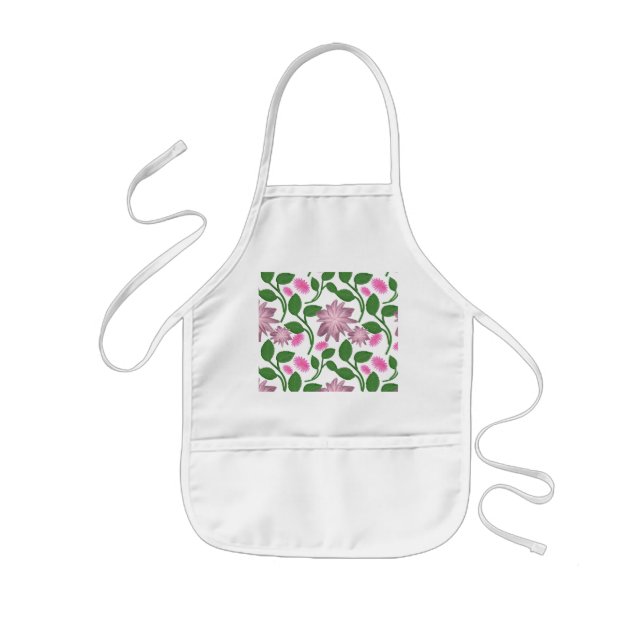 Pink floral pattern with green leaves  kids apron (Front)