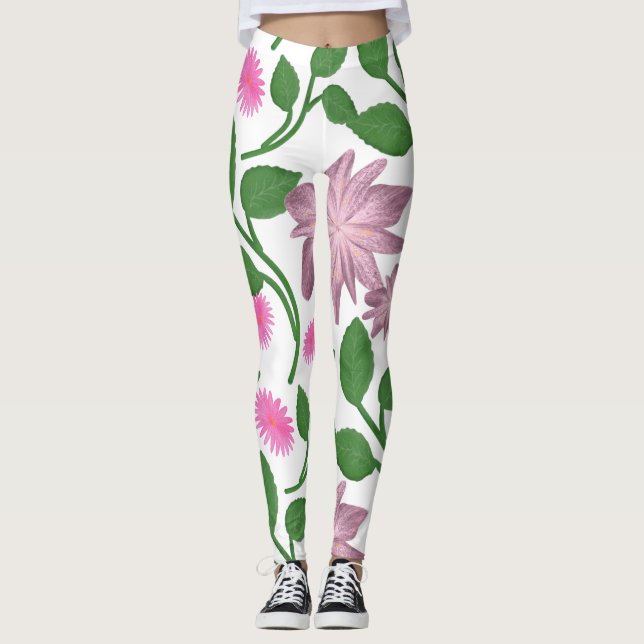 Pink floral pattern with green leaves  leggings (Front)