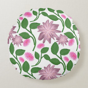 Pink floral pattern with green leaves  round cushion