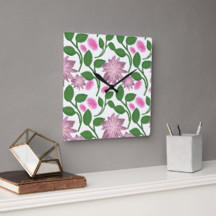 Pink floral pattern with green leaves square wall clock