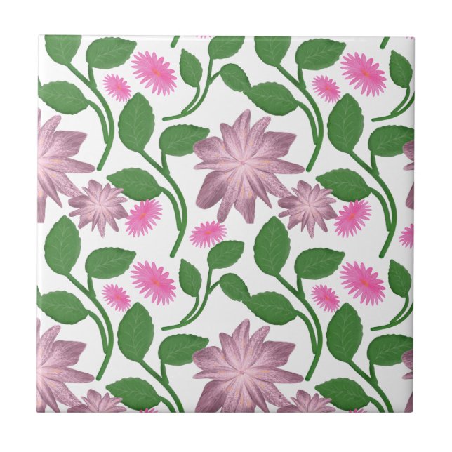 Pink floral pattern with green leaves  tile (Front)