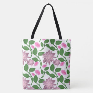 Pink floral pattern with green leaves tote bag