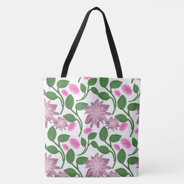Pink floral pattern with green leaves  tote bag (Front)
