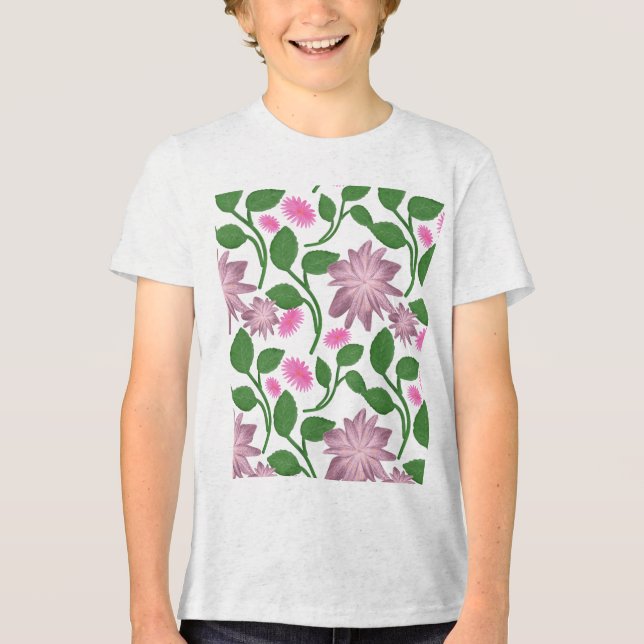 Pink floral pattern with green leaves  Tri-Blend shirt (Front)